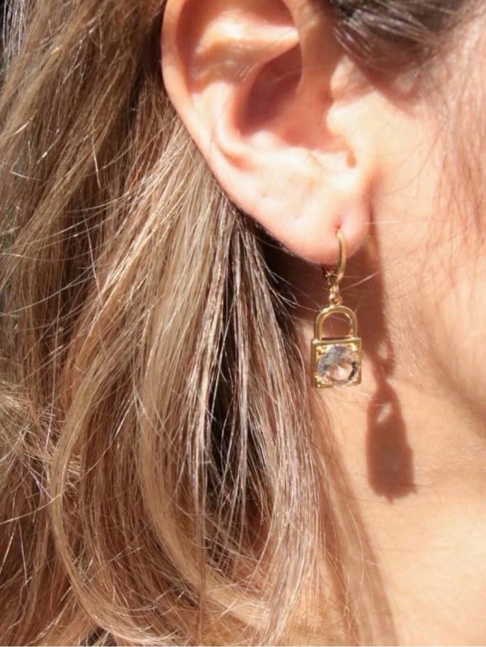 Gold Filled Padlock Drop Earrings with Clear Crystal Accent
